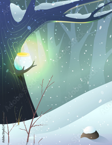 Big tree at night in winter woods fairytale. Forest empty background with big tree and lighted lamp in darkness. Storytelling illustration for children and kids. Background scenery vector.