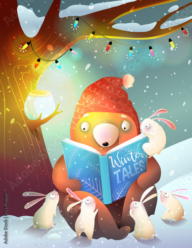 Bear teacher reading book under big tree to rabbits in forest cold winter night, storytelling illustration for children library or school. Cute reading animals in woods. Vector art for kids.