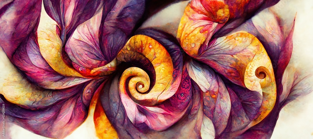 Fototapeta premium Abstract flower fantasy of petal swirls, vibrant bright autumn colors of burnt orange, red, touch of emerald green and sunflower yellow. Gorgeous decoration & blooming beautiful design background.