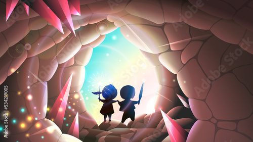 Two brave kids in the deep magic cave, a girl holding magic wand and a boy with a sword. Mysterious fantasy grotto scenery with little children, fairytale background. Vector wallpaper illustration.