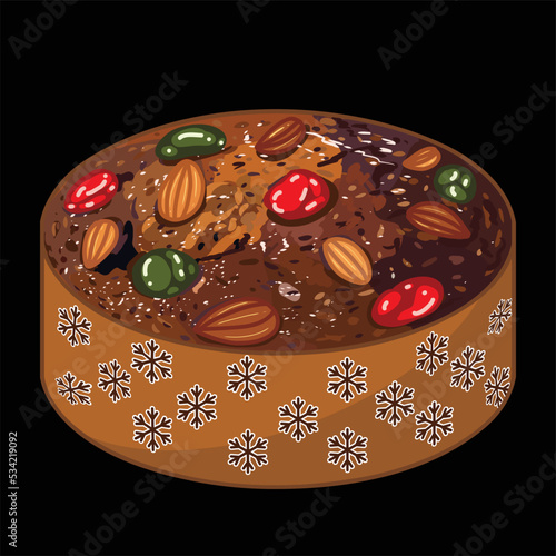 Fruitcake decorated with almonds, berries, dried fruits. National fruitcake day. Hand drawn flat vector illustration isolated on white background