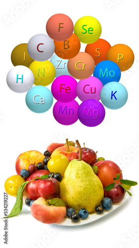 fruits and trace elements in the form of balls with the designation of a trace element on a white background. 3D-rendering