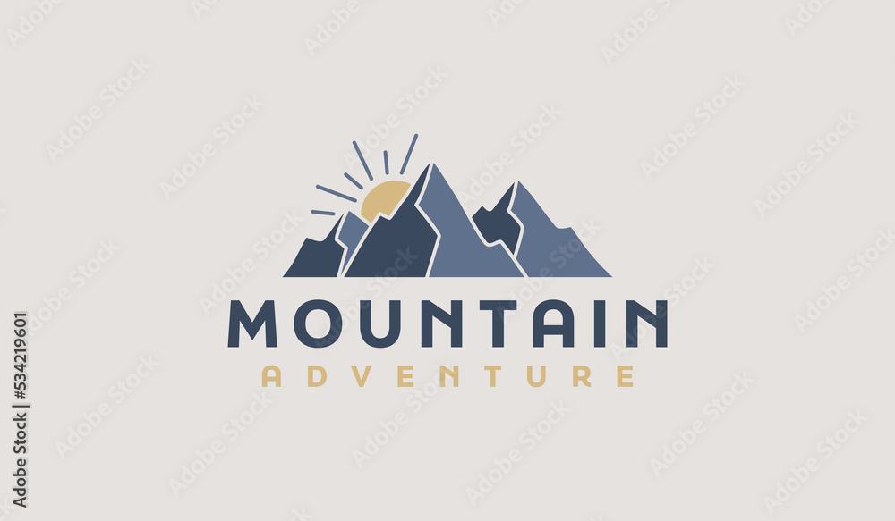 Mountain and Sun Rays, Mount Peak Hill Nature Landscape view for Adventure Outdoor logo template