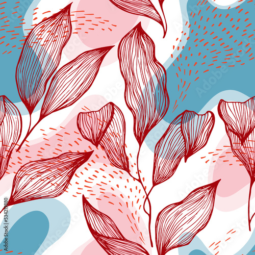 Sketch style doodle line texture leaves over stains and dots seamless vector ...