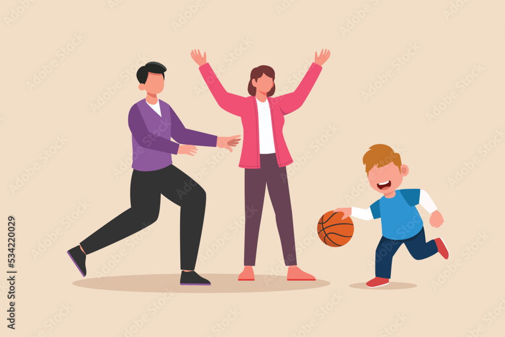 Happy Little boy playing basketball with his family. Family time concept. Colored flat graphic vector illustration isolated.