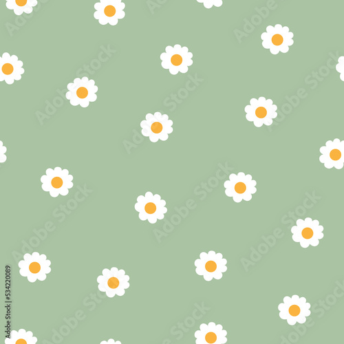 Seamless vector pattern with vintage daisy or camomile groovy flowers. Country floral background. Cute cartoon texture for surface design, wallpaper, wrapping paper, textile