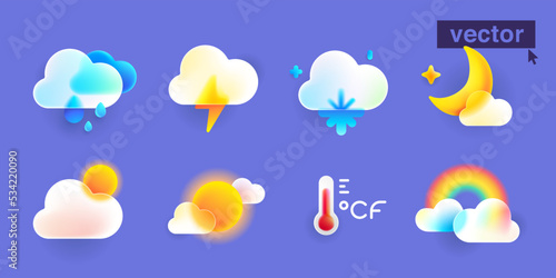 Premium set of weather icons in glass morphism style. Realistic 3D pictograms pack.
