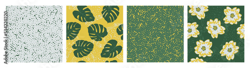 Grain texture and floral seamless pattern vector set. Botanical design of primula and monstera leaves.