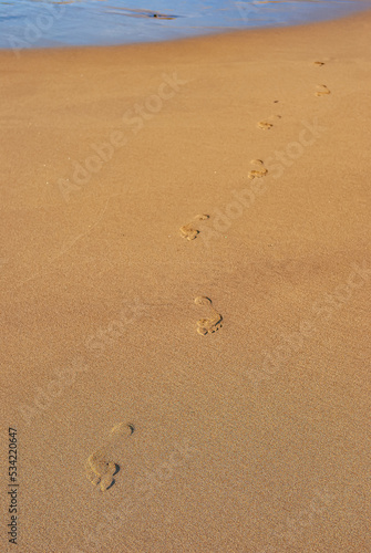 Clear traces of bare human feet on the sand. Human footprints emerging from the sea.