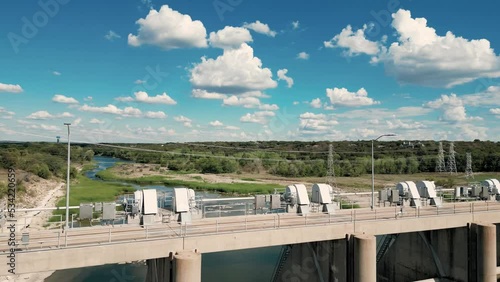 low flyover south granbury lake damn hood county texas, tx. brazos river reveal. approach shot. trees. 4k_24fps.