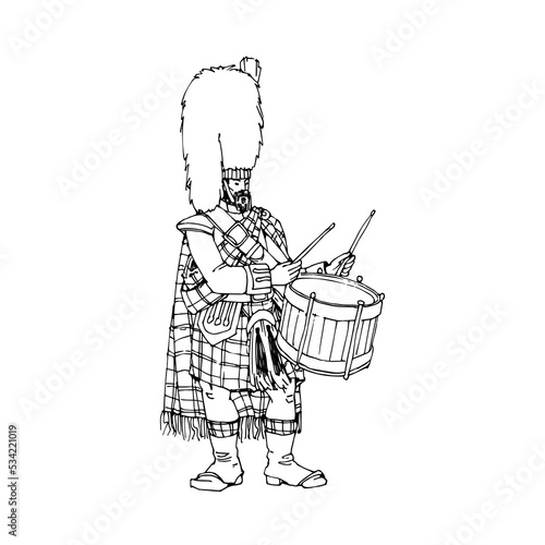 A Scottish drummer in a bearskin hat. Festive military band. Vector illustration with black contour lines isolated on a white background in a cartoon and hand drawn style.