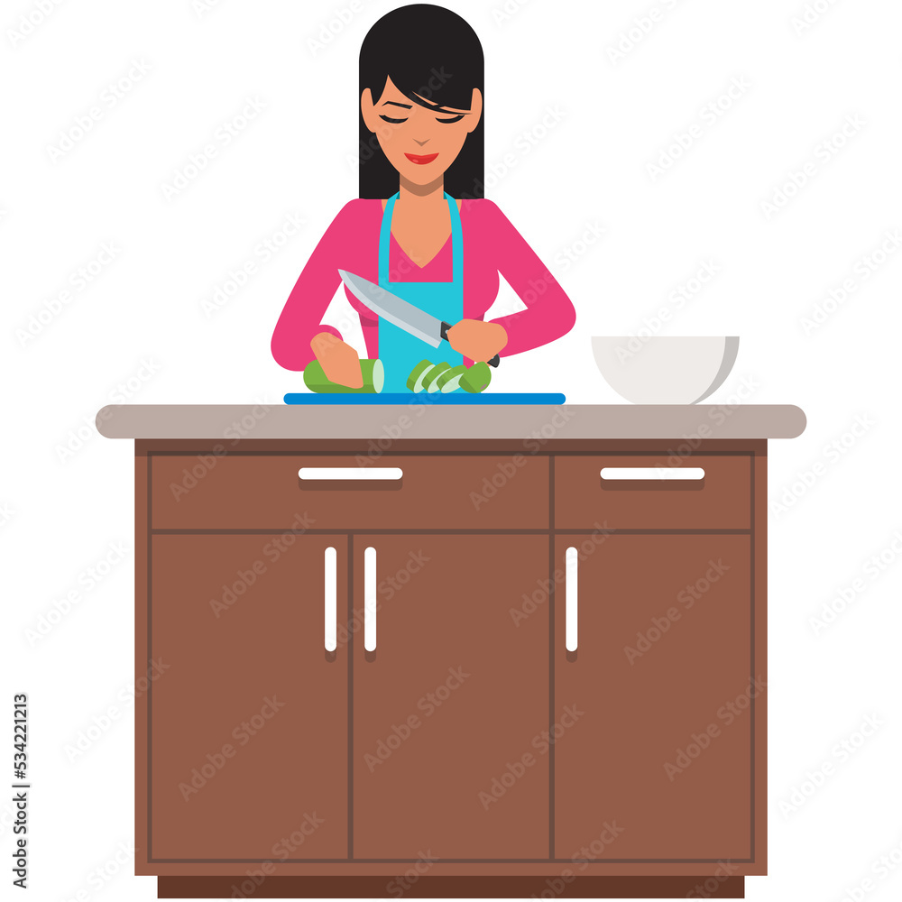 Woman cooking cutting vegetable at kitchen vector