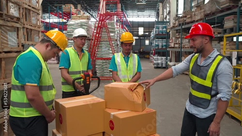 4K, Caucasian chief with hard helmet unacceptable crash broke cardboard box from workers, logistic problem in warehouse factory, senior worker scold staff about unaware carrying packing damaged boxes
