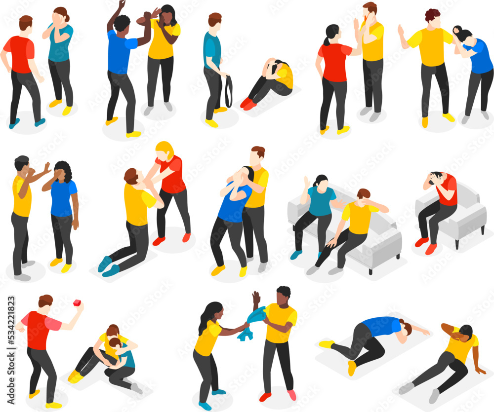 Domestic Violence Isometric Icons Set Domestic Violence Isometric Icons Set