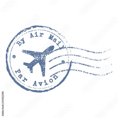 Beautiful grungy old rubber post stamp By Air Mail with a plane vector