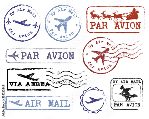Beautiful grungy old rubber post stamp By Air Mail with a plane vector set