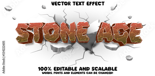Stone Age Rock Typography Text Effect. Dinosaur ancient style typography font template on breakable rock wall background