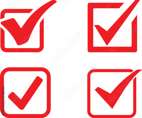 Red check mark icon in a box. Tick symbol in red color, vector set