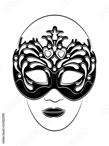 Person in mask of Columbine. Holiday mask for face cover at carnival or masquerade. Festival costume part for brazil festive or venice mardi gras. Decoration for face at theater, opera. Sketch drawing