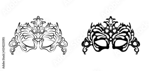 Hand drawn Venetian carnival masks collection in line art style. Vintage party masks in black and white. Masquerade mask for festive invitations, banners, greeting cards, coloring books. Sketch
