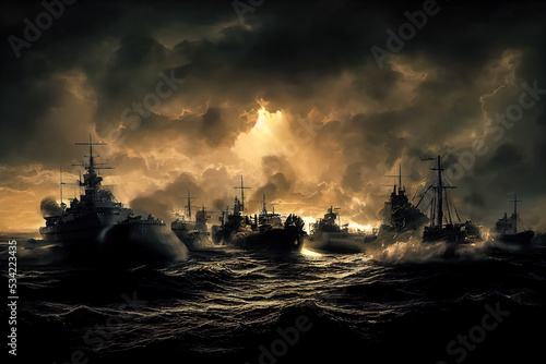 Photo Armoured battleships fighting in World War 2 in open sea
