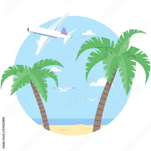 Vector beach with palm and airplane illustration on white