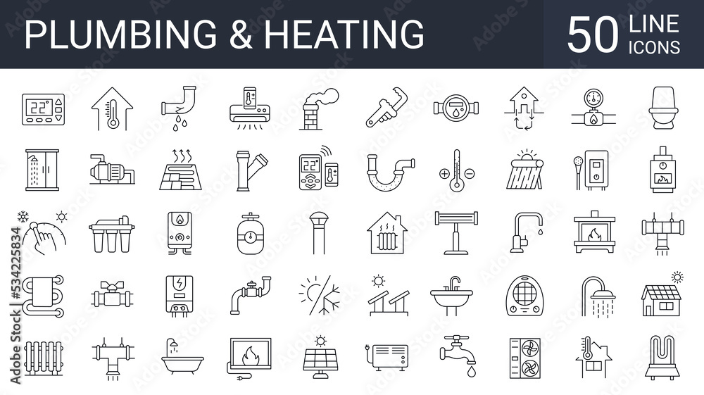 Set of 50 heating, plumbing, ventilation, conditioning line icons. Home renovation, improvement and repair. Editable stroke