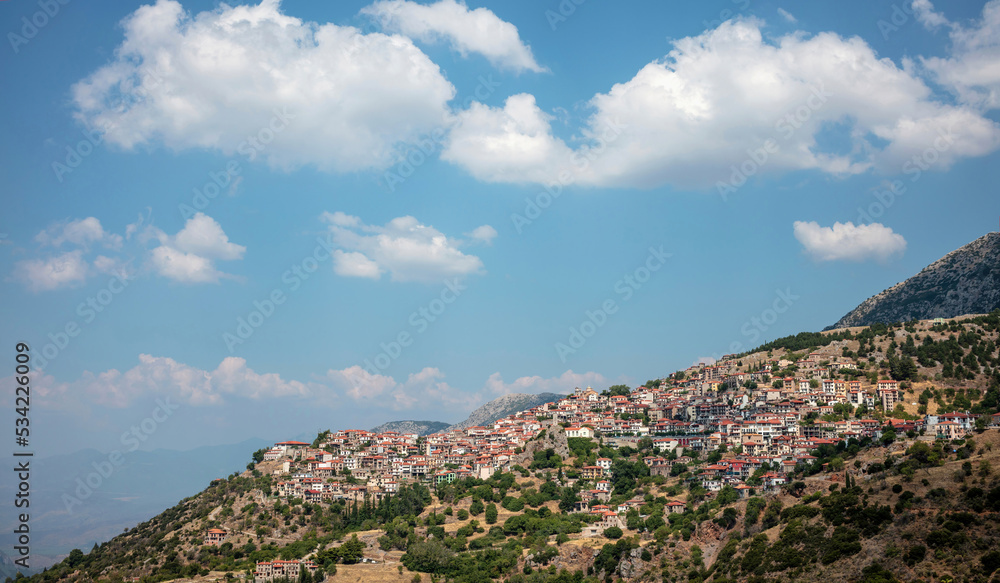 Arachova Greece village perched on Parnassos Mountain, Viotia. Famous resort for outdoor activities