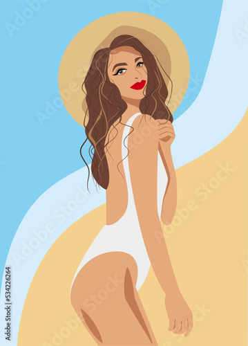 bella mujer con sombrero de playa y traje de baño photo