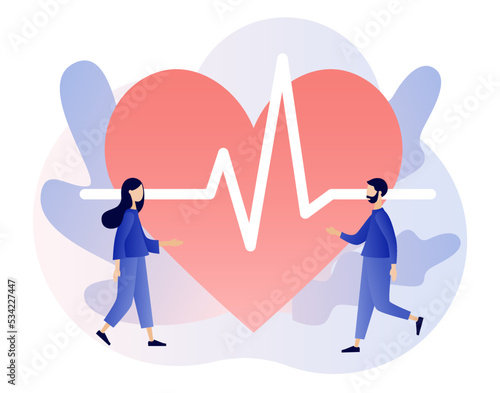 Cardiology treatment and checkup. Heart health and disease. Big heart with pulse rate. Medical concept. Modern flat cartoon style. Vector illustration on white background
