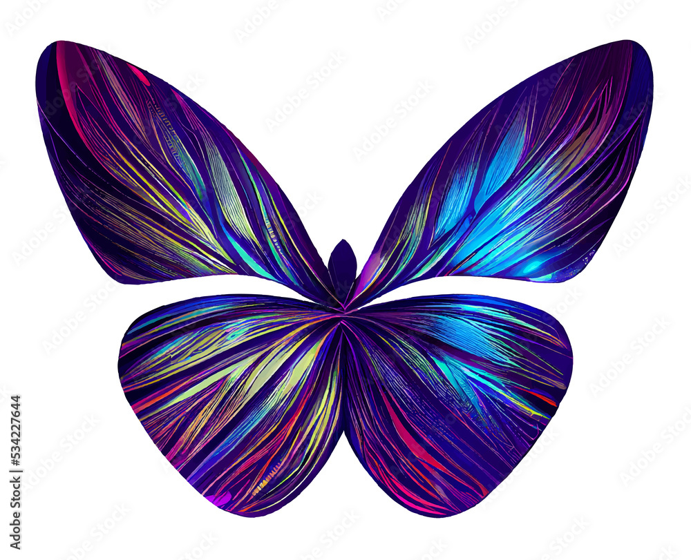 Magical glowing neon and fluorescent butterfly in top view . Butterfly on a white background Magical glowing neon and fluorescent butterfly in top view . Butterfly on a white background