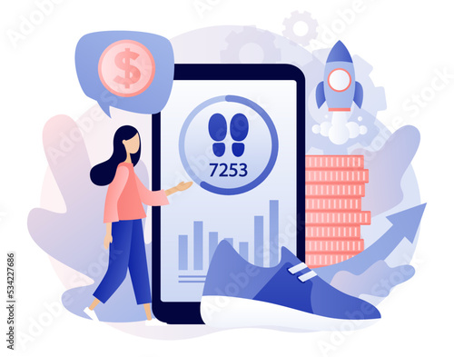 Step counter in smartphone. Pedometer, fitness tracker concept. Walking to earn money mobile app. Digital sneaker. Crypto currency coin. Modern flat cartoon style. Vector illustration 