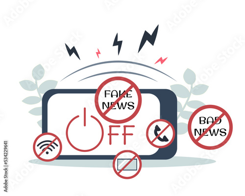Mobile phone and protection from bad news. Rejection of negative and fake news. Vector
