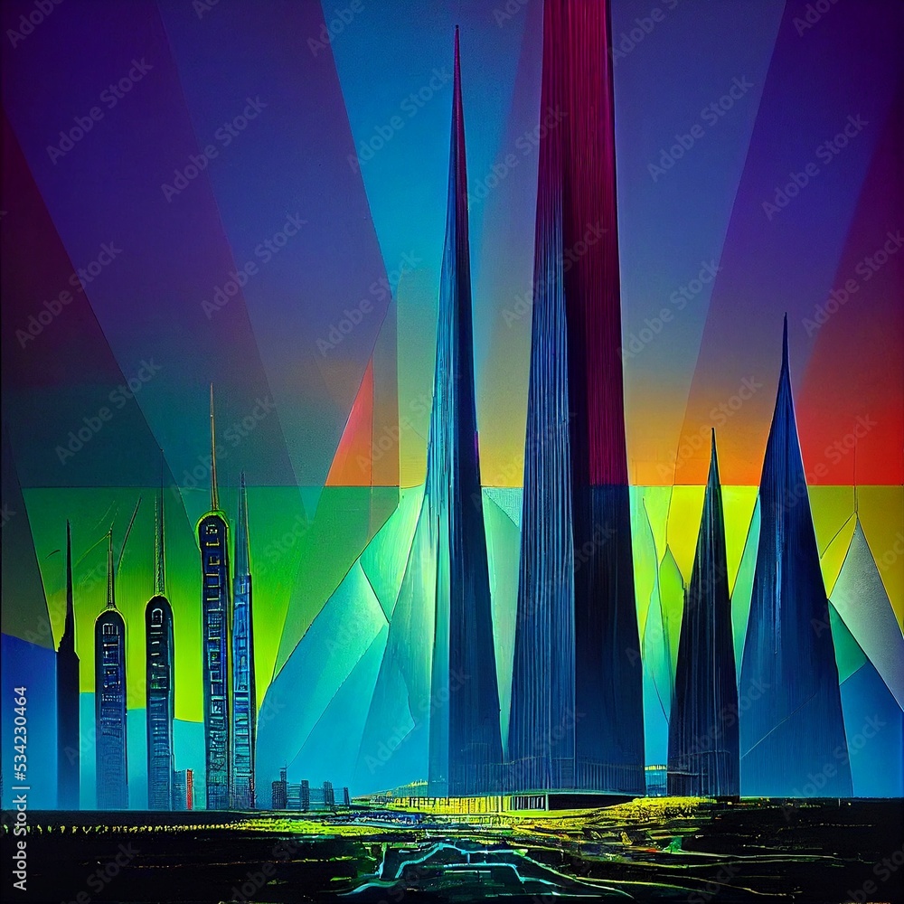 City skyline concept art with vibrant colors, pointy buildings and ...