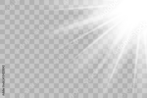 Shining sun glare rays, lens flare sun. Vector illustration png effect. Sunlight glowing white beam sunrays sky background. 