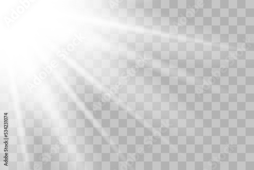 Shining sun glare rays, lens flare sun. Vector illustration png effect. Sunlight glowing white beam sunrays sky background. 
