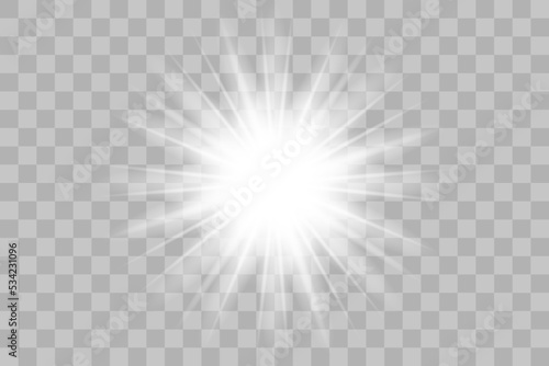 Shining sun glare rays, lens flare sun. Vector illustration png effect. Sunlight glowing white beam sunrays sky background. 