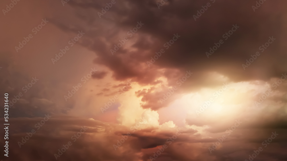 Natural landscape aerial panoramic view of dramatic and exotic tropical twilight purple sky with storm clouds and bright sunset for meteorology forecast background.