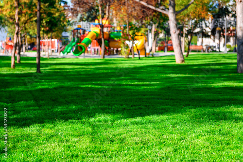 bright sunny day in autumn city park, children play on the playground, green lawn and yellow leaves, street