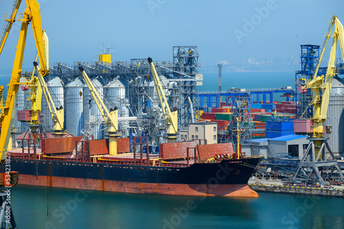 Canvastavla industrial seaport infrastructure, sea, cranes and dry cargo ship, grain silo, b