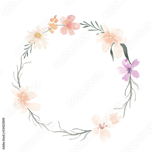 Vintage aesthetic wildflower wreath in pastel beige color. Botanical floral frame isolated on white background. Rustic meadow template for wedding invitation, birthday card, nursery, packaging