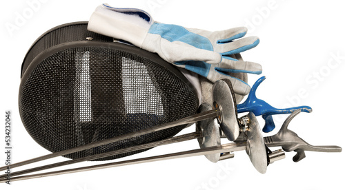 Foil fencing equipment. Three fencing foils with pistol grip (sporting weapon - sword), a fencing mask and a blue and white glove. Isolated on transparent background, photography, png. photo