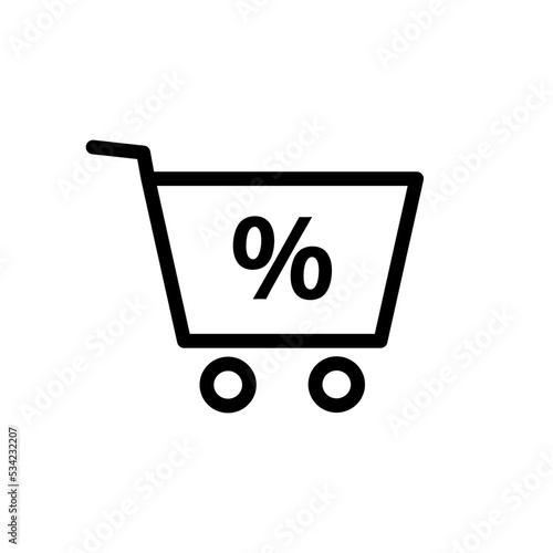 Icono de carrito de compras con signo de porcentaje. Comprar en línea. Descuentos. Ilustración vectorial