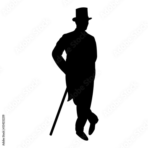 Hombre dandy con frac. Silueta aislada de hombre de pie con traje de etiqueta con sombrero de copa y apoyado en bastón