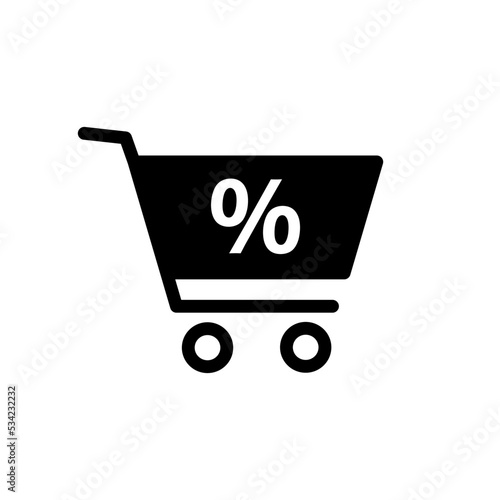Icono de carrito de compras con signo de porcentaje. Comprar en línea. Descuentos y promociones. Ilustración vectorial