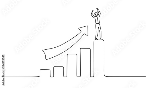 One continuous line draw graph up with progress chart. Single line diagram vector illustration. Minimalist style. 