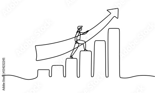 One continuous line draw graph up with progress chart. Single line diagram vector illustration. Minimalist style. 