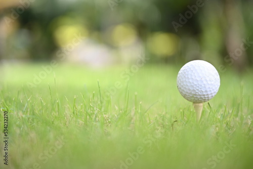 A white golf ball is placed on cream tee on a green lawn (pegs ready to play) with blurred green background. People around the world play golf game during the holidays for health and recreation. 