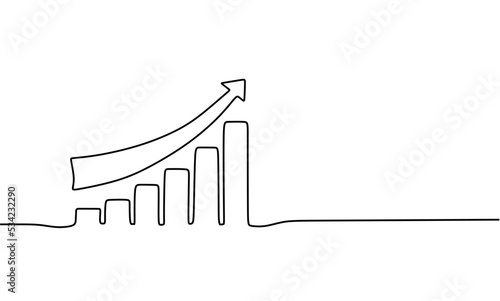 One continuous line draw graph up with progress chart. Single line diagram vector illustration. Minimalist style. 
