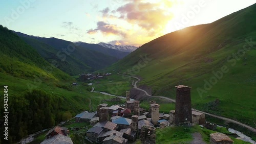 Ushguli village at sunset in Svaneti, Georgia.	 photo
